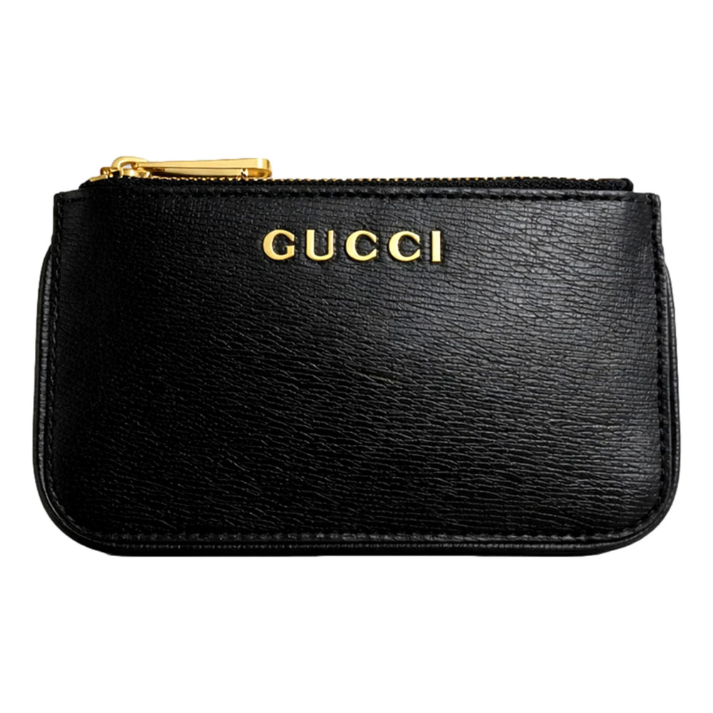Gucci Zip Key Case Black Leather Card Holder Gold Logo